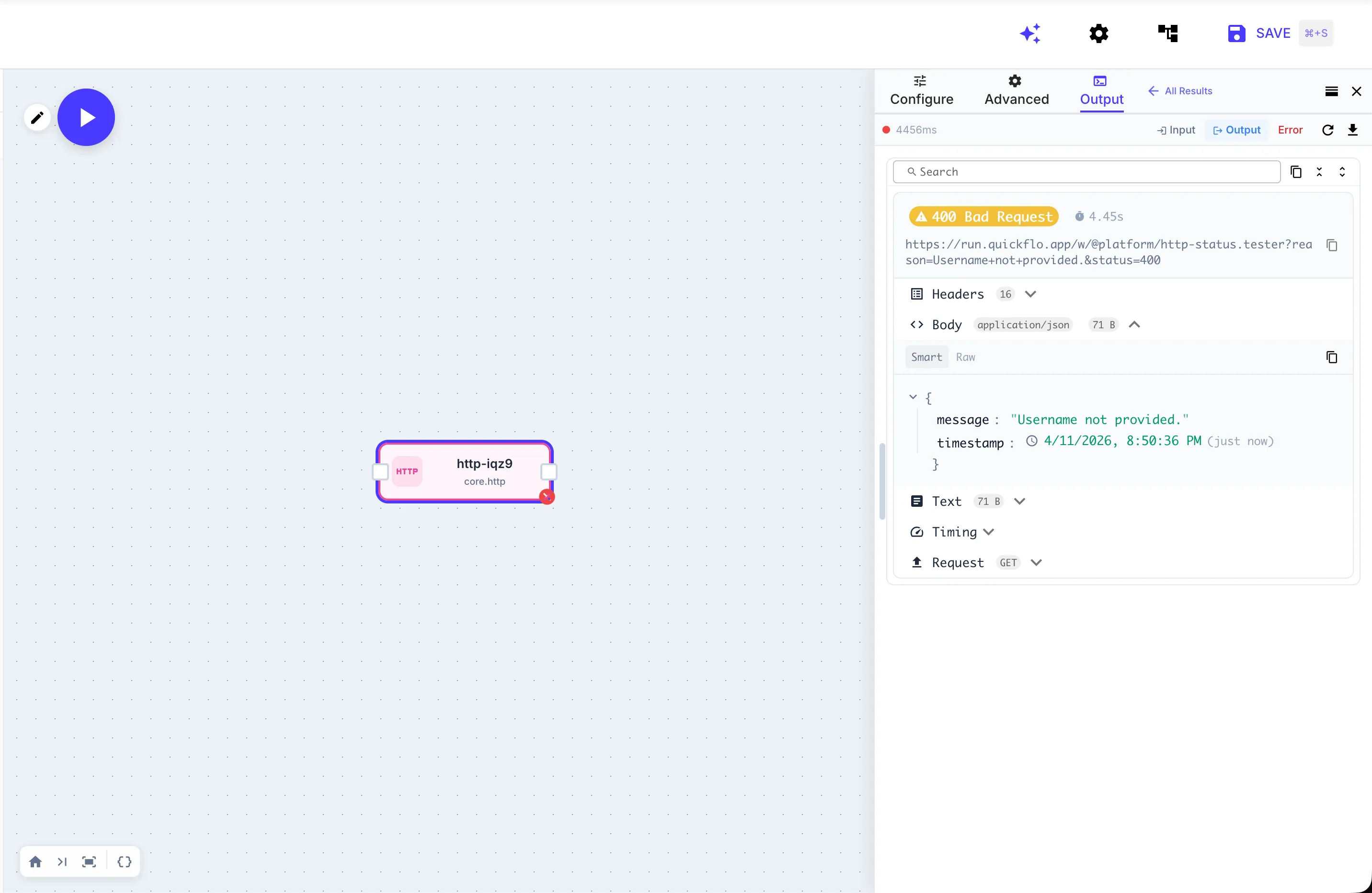 QuickFlo step detail panel showing an HTTP 400 Bad Request with the full URL, response headers, parsed JSON body with the actual error message, timing information, and expandable request details