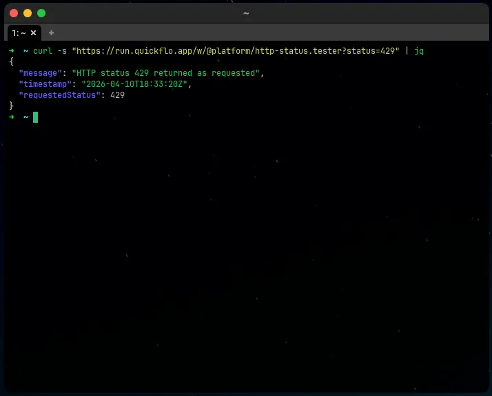 Terminal showing a curl request to the webhook and the JSON response with the requested status code