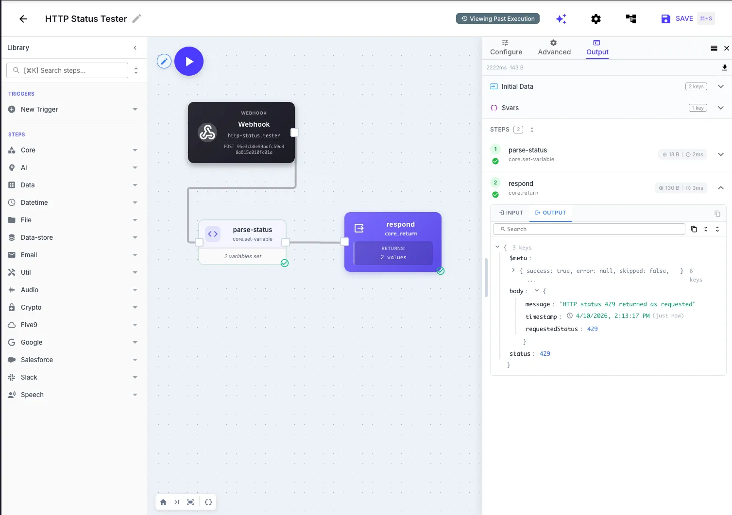 QuickFlo execution detail view showing the step-by-step output of the HTTP Status Tester workflow