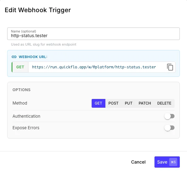 Webhook trigger configuration showing the endpoint URL and HTTP method options