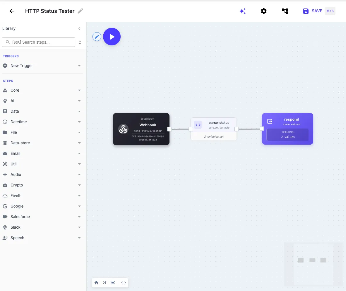 The completed HTTP Status Tester workflow on the QuickFlo canvas — a webhook trigger connected to parse-status and respond steps