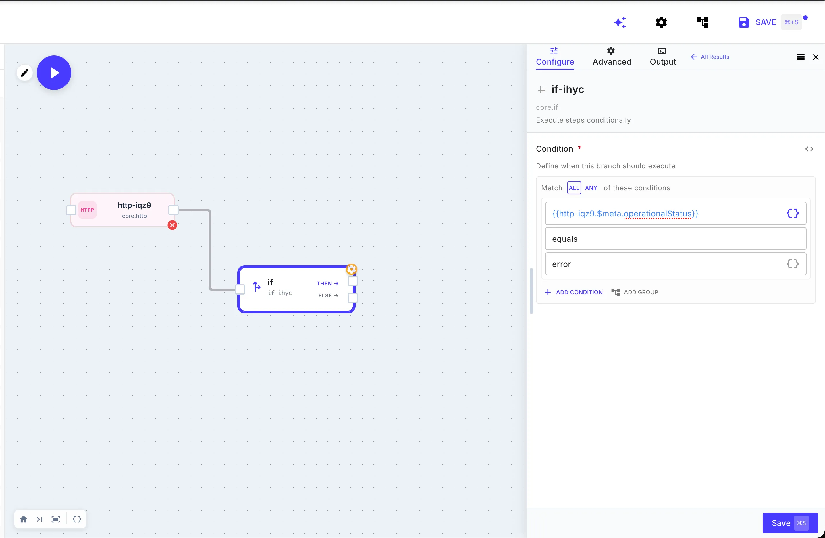 QuickFlo workflow canvas showing an if-step checking the operationalStatus of a previous HTTP step, with the condition configured to match when the status equals error