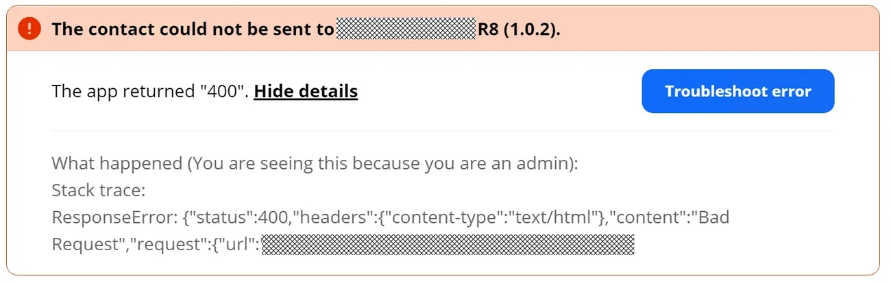 Zapier error display showing a raw ResponseError JSON dump with status 400, content-type text/html, and 'Bad Request' as the only content — no parsed response body, no structured error information